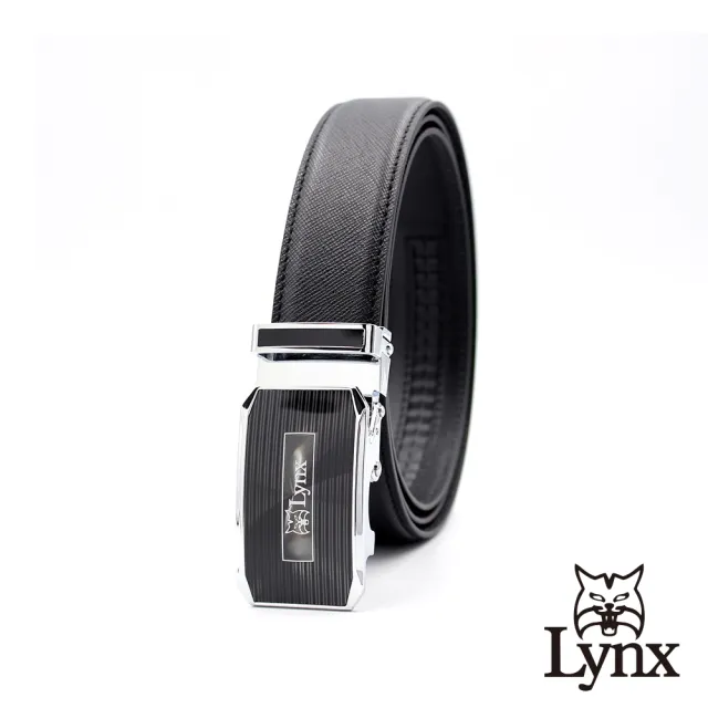 【Lynx】美國山貓-時尚男士十字壓紋皮帶腰帶 牛皮/經典款/自動扣 LY11-8371-99(黑色)