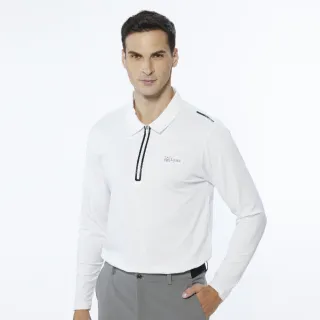 【Lynx Golf】男款合身版內刷毛保暖反光貼條後背造型設計長袖立領POLO衫/高爾夫球衫(白色)