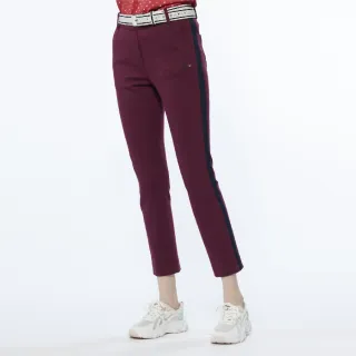 【Lynx Golf】女款日本進口布料人造絲材質兩側配布窄管九分褲(暗紅色)