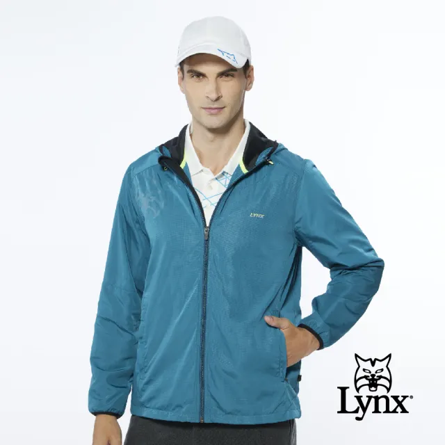 【Lynx Golf】男款保暖防風內刷毛右肩經典大山貓印花長袖連帽外套(藍綠色)