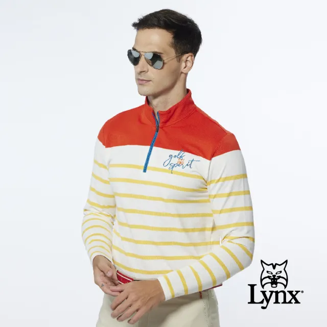 【Lynx Golf】男款合身版內刷毛保暖網眼材質百搭橫條款長袖立領POLO衫/高爾夫球衫(橘色)