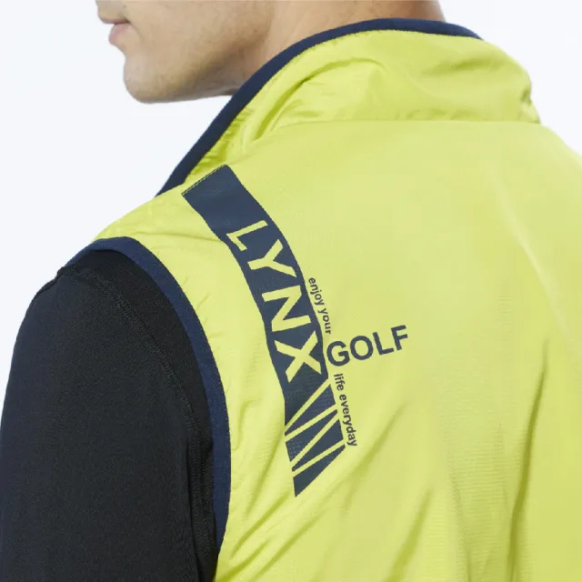 【Lynx Golf】男款保暖舒適幾何曲線菱形印花無袖雙面穿風衣布/刷毛背心(黃色)