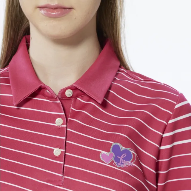 【Lynx Golf】女款合身版吸排抗UV內刷毛斜條紋後背愛心印花長袖POLO衫/高爾夫球衫(桃紅色)