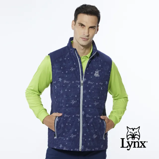 【Lynx Golf】男款吸排功能滿版星空印花鋪棉內刷毛無袖背心(深藍色)