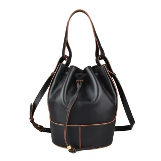 【LOEWE 羅威】LOEWE BALLOON印花LOGO小牛皮斜背抽繩束口水桶包(黑)