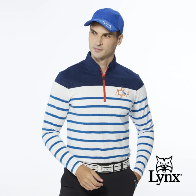 Lynx Golf 男款合身版內刷毛保暖網眼材質百搭橫條款長袖立領POLO衫/高爾夫球衫(藍色)