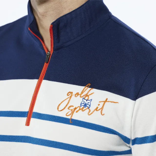 【Lynx Golf】男款合身版內刷毛保暖網眼材質百搭橫條款長袖立領POLO衫/高爾夫球衫(藍色)