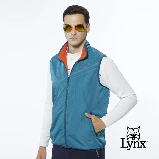 【Lynx Golf】男款保暖舒適幾何曲線菱形印花無袖雙面穿風衣布/刷毛背心(藍綠色)