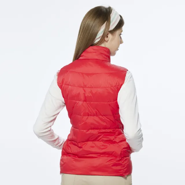 【Lynx Golf】女款防風潑水保暖羽絨造型三色織帶拉頭無袖背心(紅色)