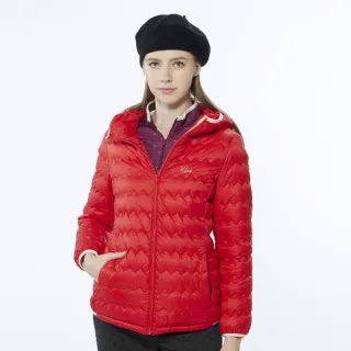 【Lynx Golf】女款防風潑水保暖羽絨波浪紋路隱形拉鍊口袋長袖連帽外套(紅色)