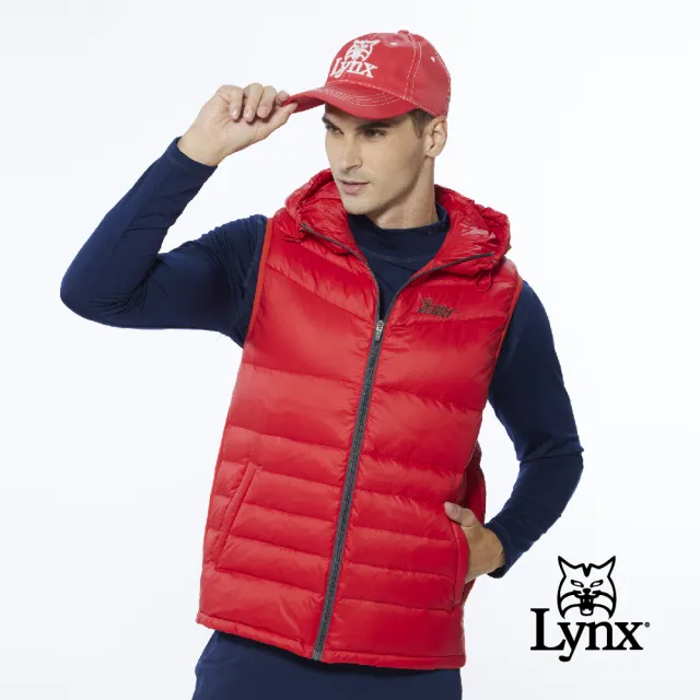 【Lynx Golf】男款保暖羽絨素面款脇邊羅紋設計無袖連帽背心(紅色)