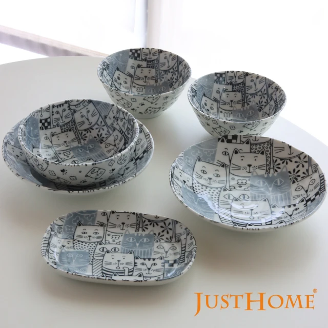 Just Home 日本製滿版貓咪世界陶瓷餐具6件組/飯碗/餐盤/湯盤/淺缽/可微波