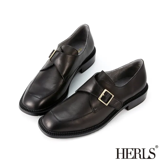 【HERLS】孟克鞋-全真皮英倫方頭單釦孟克鞋(黑色)