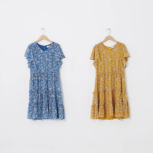 【CUMAR】雙11 荷葉印花拼接-女短袖洋裝 印花 藍 黃(二色/版型適中)