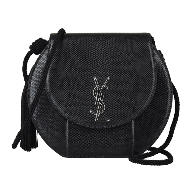 YSL YSL SAINT LAURENT HALF MOON銀字LOGO蛇紋牛皮翻蓋釦式斜背包(黑)