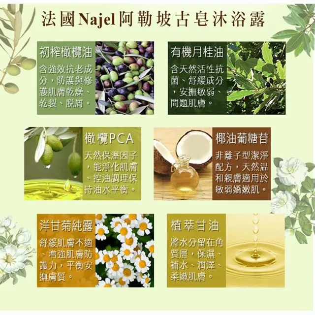 【法國NAJEL】阿勒坡古皂液保濕草本皂液沐浴乳400mlx6(茉莉花/梔子花/木質沉香)