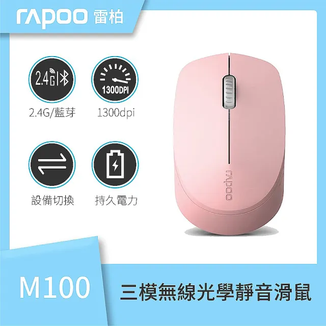 【rapoo 雷柏】M100 SILENT 三模無線光學靜音滑鼠(黑灰/白/藍/紅)