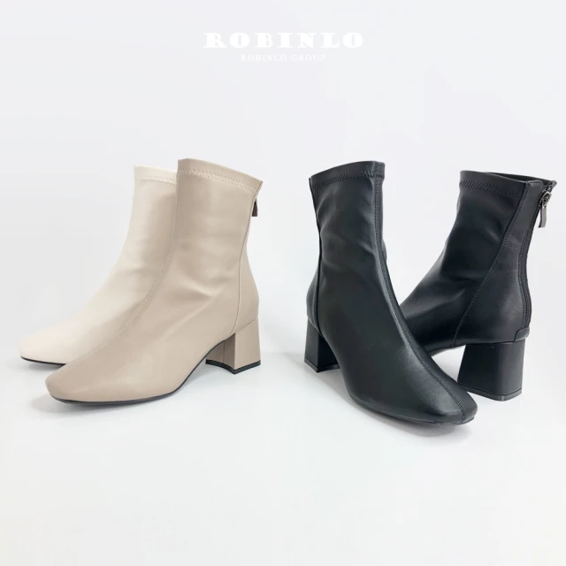 【Robinlo】完美焦點百搭素面顯瘦粗跟襪靴短靴MEEKS(黑/米白/杏色)