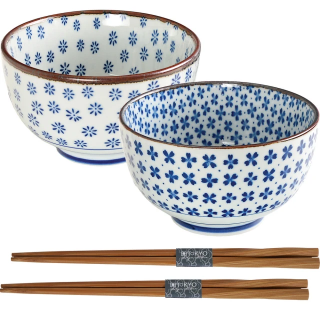 【Tokyo Design】瓷製餐碗+竹筷4件 小花(飯碗 湯碗)