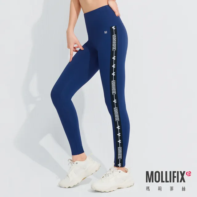 【Mollifix 瑪莉菲絲】Pixel Art 極簡側織帶動塑褲瑜珈褲、瑜珈服、Legging(經典藍)