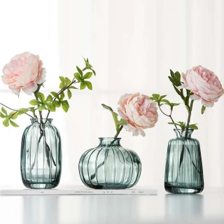 【好物良品】綠色三入組_簡約浮雕玻璃迷你一支小花瓶 花藝花器 桌面裝飾品(圓錐瓶、圓高瓶、圓胖瓶各一)