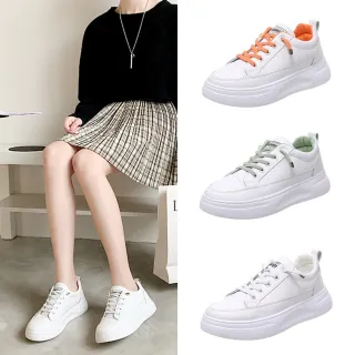 【Alberta】3cm休閒鞋 休閒百搭素面 皮革厚底免綁帶圓頭包鞋 小白鞋