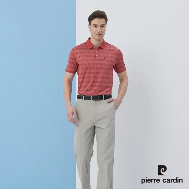 【pierre cardin 皮爾卡登】商務休閒 男款 橫條印花短袖POLO衫-紅色(5217212-76)