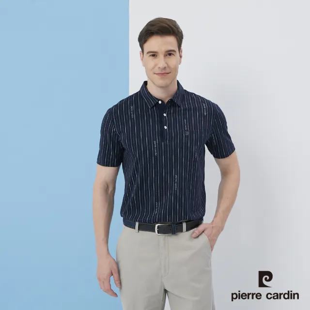 【pierre cardin 皮爾卡登】商務休閒 男款 直條印花短袖POLO衫-深藍色(5217215-38)