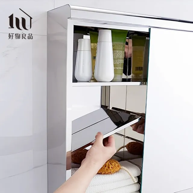 【好物良品】單開門半開放壁掛式不鏽鋼收納鏡櫃 防水防潮防霉浴室浴櫃 極簡鏡子置物櫃(高60x寬70x深13cm)