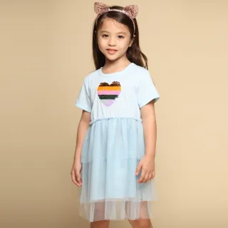 【Azio Kids 美國派】女童 洋裝 彩色亮片愛心雙層網紗短袖洋裝(藍)
