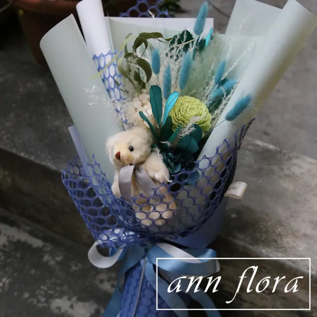 【ann flora】藍色系小熊畢業花束(主要為各式乾燥花+玩偶熊)