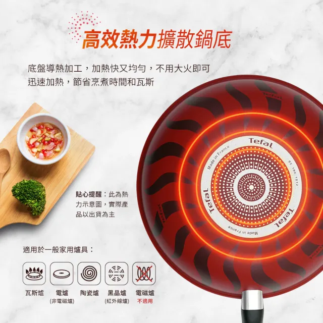 【Tefal 特福】法國製火焰系列28CM不沾鍋炒鍋+玻璃蓋