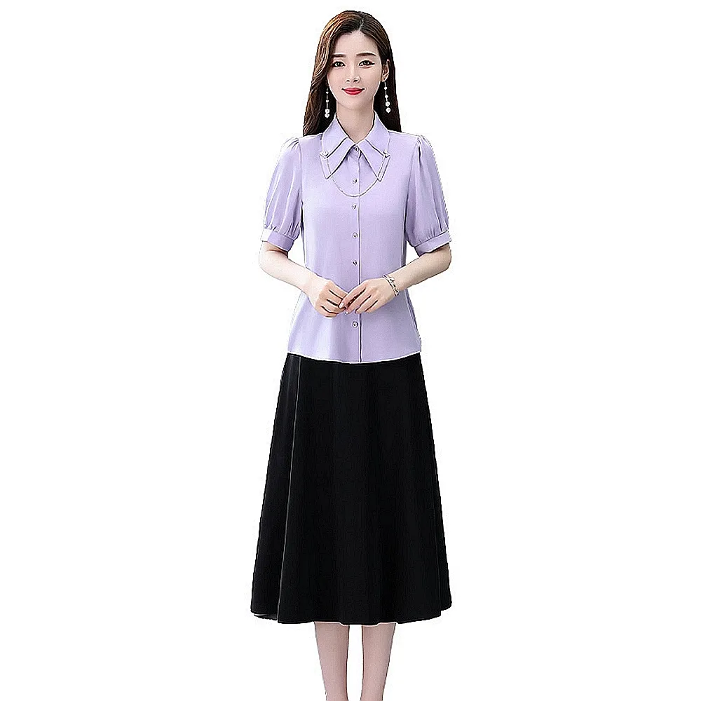【SZ】現貨-玩美衣櫃優雅造型衣領純色襯衫+修身A字裙套裝M-2XL(共五色)