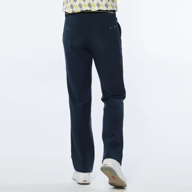 【Lynx Golf】男款日本進口類燈芯絨布料後袋配色織帶設計平口基本版休閒長褲(深藍色)