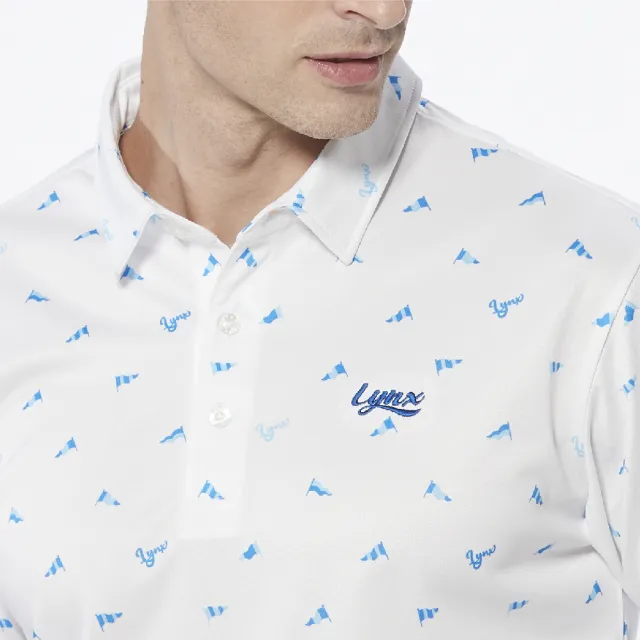 【Lynx Golf】男款吸濕排汗網眼材質滿版旗幟Lynx字樣印花長袖POLO衫/高爾夫球衫(白色)