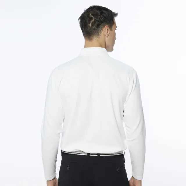 【Lynx Golf】男款吸排功能舒適外刷毛設計素面山貓LOGO長袖立領POLO衫/高爾夫球衫(白色)