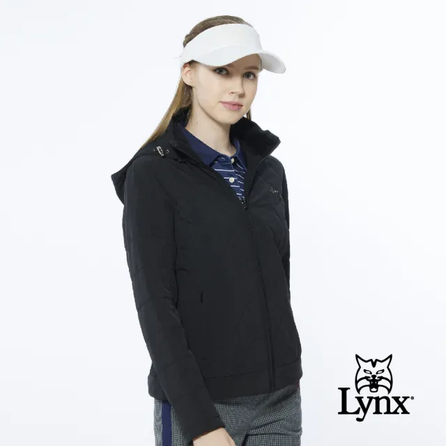 【Lynx Golf】女款吸濕排汗鋪棉保暖素面菱格壓線LOGO鐵牌長袖連帽外套(黑色)