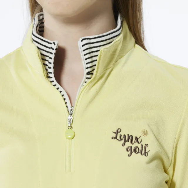 【Lynx Golf】女款假兩件設計內刷毛網眼材質Lynx字樣繡花長袖立領POLO衫/高爾夫球衫(黃色)