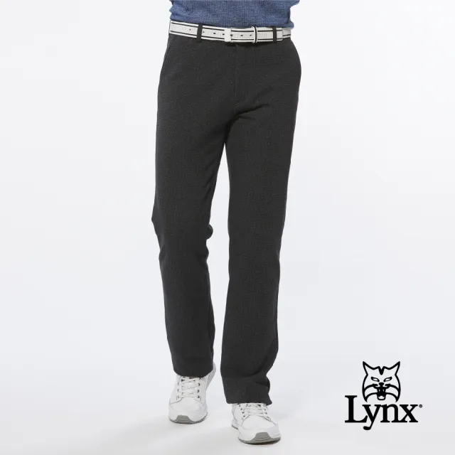【Lynx Golf】男款日本進口布料口袋剪接造型織帶設計平口基本版休閒長褲(深灰色)