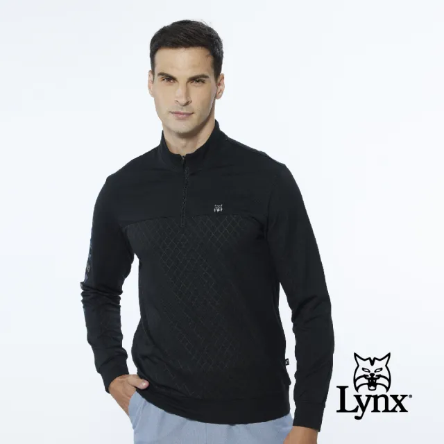 【Lynx Golf】男款網眼材質內刷毛菱格壓紋樣右臂Lynx字樣造型長袖立領POLO衫/高爾夫球衫(黑色)
