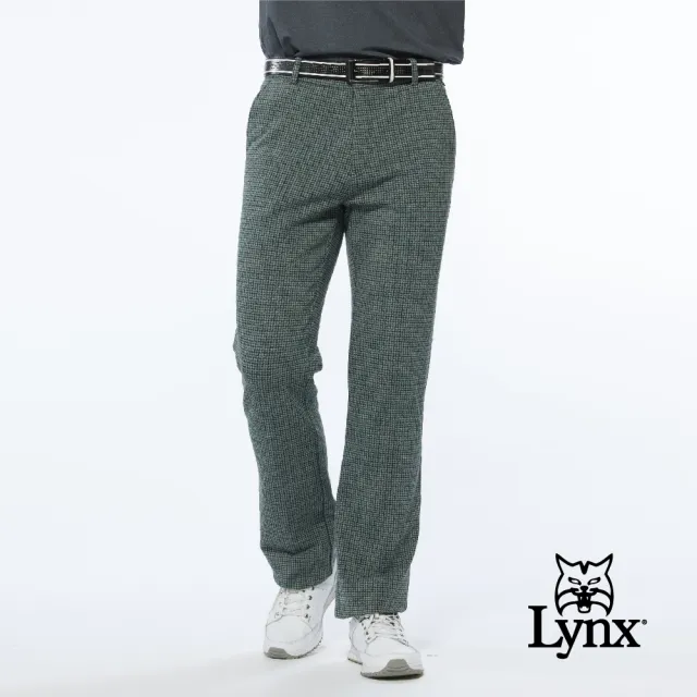 【Lynx Golf】男款日本進口布料千鳥紋路後袋配色織帶平口基本版休閒長褲(綠色)