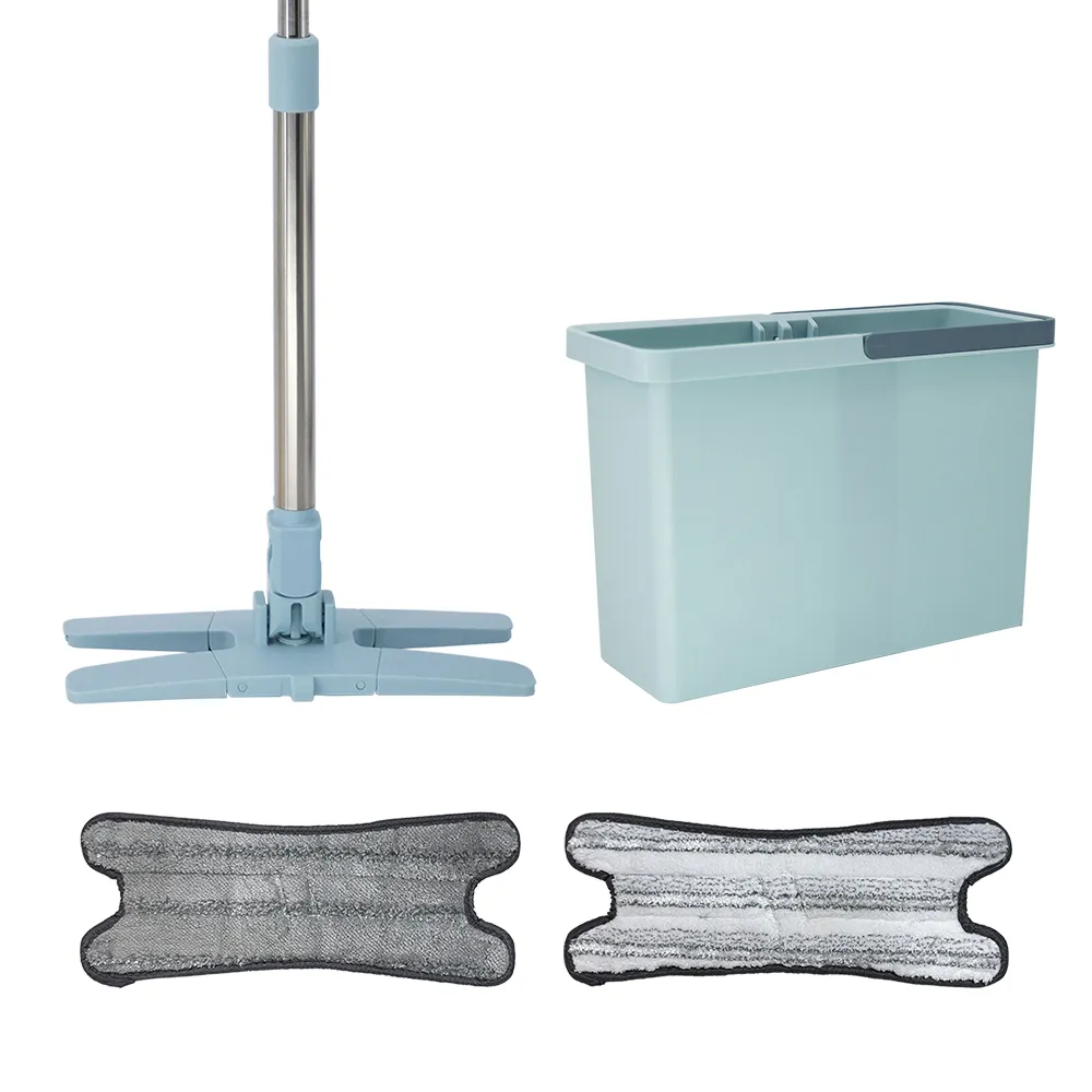 手壓免沾手不鏽鋼X型平板拖把1桿1桶2布(平拖/大板拖/吸水拖/免沾手/拖把/懶人拖把/清潔/地拖)