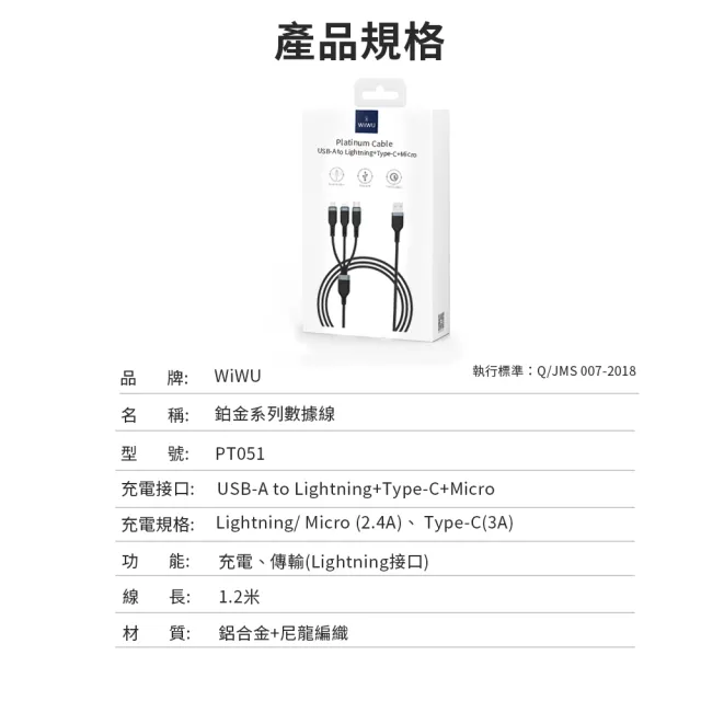 【WiWU】USB-A to Lightnig+Type-C+Micro 1.2米 鉑金三合一數據充電線(1.2米  PT051)