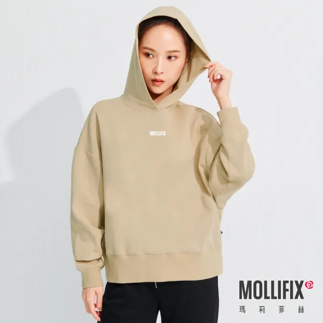 【Mollifix 瑪莉菲絲】潮流感不規則帽T長袖上衣、瑜珈上衣、瑜珈服(卡其)