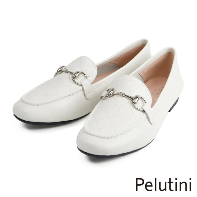 【Pelutini】馬銜扣菱格紋淑女樂福鞋 白色(8757W-WH)