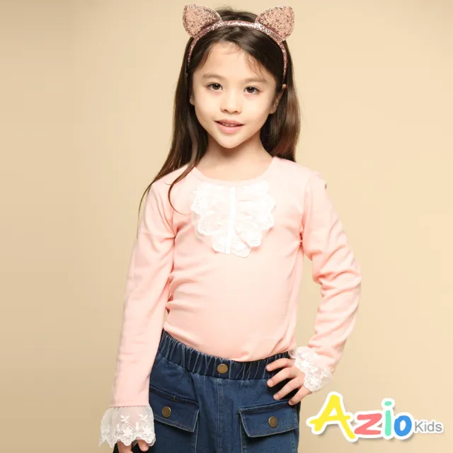 【Azio Kids 美國派】女童 上衣 前片袖口蕾絲造型長袖上衣(粉)