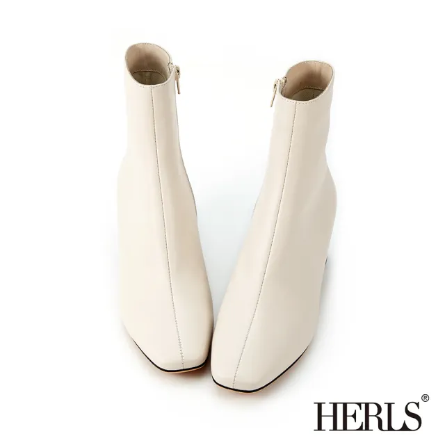 【HERLS】短靴-摩登小牛皮縫線拼接小方頭粗跟短靴(白色)
