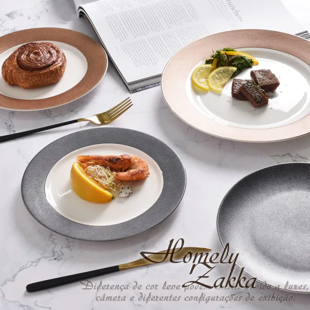 【Homely Zakka】北歐輕奢風金邊皮革陶瓷餐具/牛排盤/西餐盤_淺盤銀邊灰色27cm(餐具 餐碗 盤子 器皿)