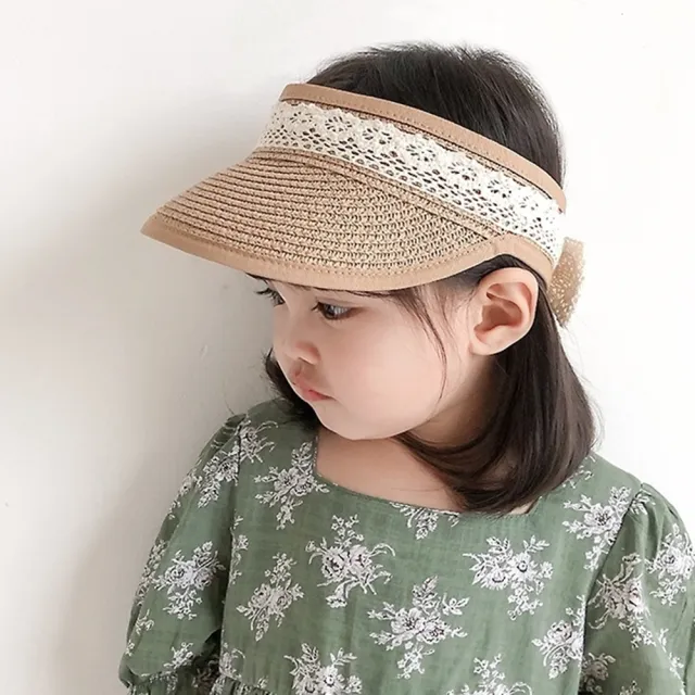 【Emi 艾迷】兒童 夏日草帽 可愛蕾絲 空頂 遮陽帽 2-7歲可配戴 寶寶 幼兒 童帽 防疫帽(送童帽用防疫擋板)