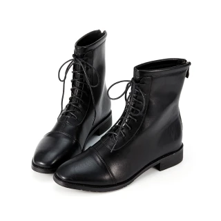 【HERLS】短靴-綁帶造型橢圓頭皮革短靴軍靴(黑色)